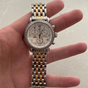 Michele round diamond watch with two tone band